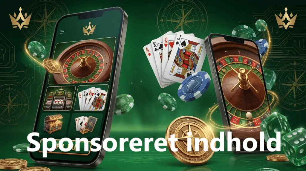 To mobiler med casinospil på, hvor der svæver jetoner rundt omkring, på grøn baggrund